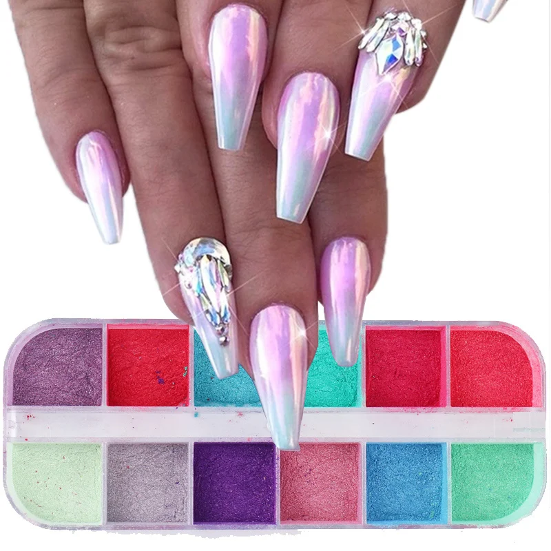 12 Grids Chrome For Nail Art Decorations Nail Powder Dipping Shimmer Dust Colorful Pigment Powder Rubbing Pearl Glitter