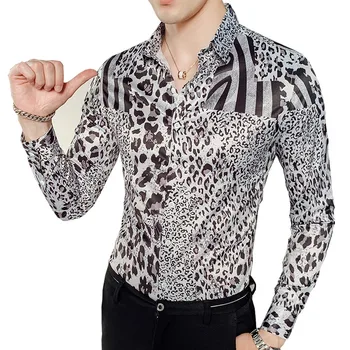

New Party Club Shirt Men Prom Masculina Luxury Leopard Print Shirt Men Long Sleeve