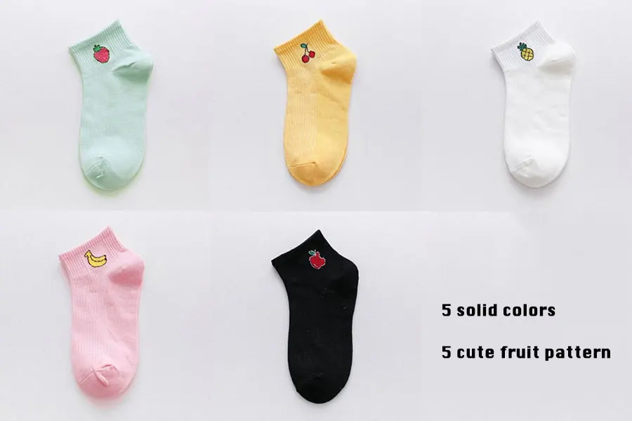 5 пар/лот, милые хлопковые носки с фруктовым узором для женщин, повседневные однотонные черные, белые, розовые короткие женские носки в стиле Харадзюку