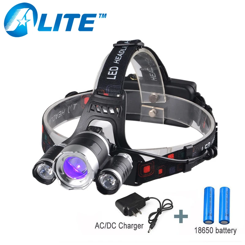 

TMWT Ultraviolet head lamp amber detector 18650 Rechargeable white and 390nm uv led zoom headlamp head flashlight