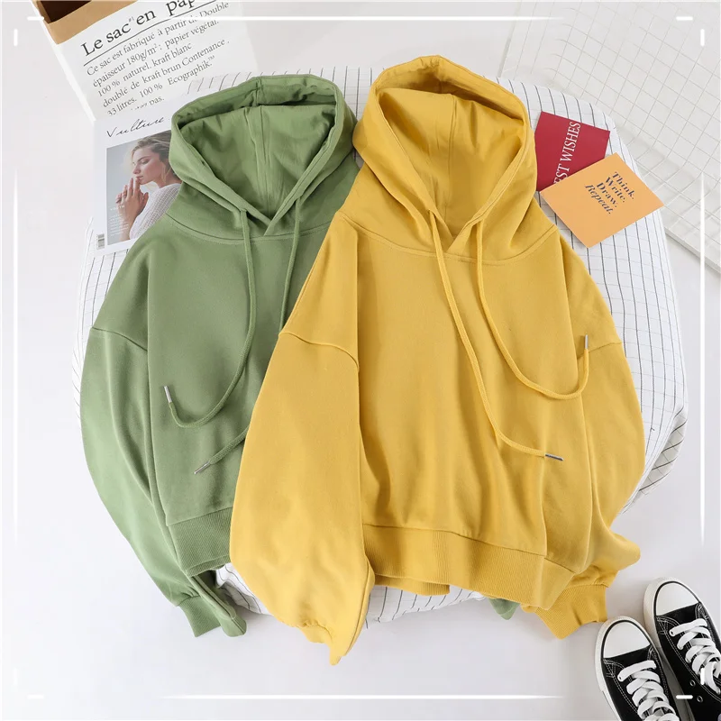 Свободный карамельный цвет Толстовка Femme Drawstring с капюшоном спортивный костюм сплошной женский с длинным рукавом Осенняя Толстовка Осенняя верхняя одежда Горячая
