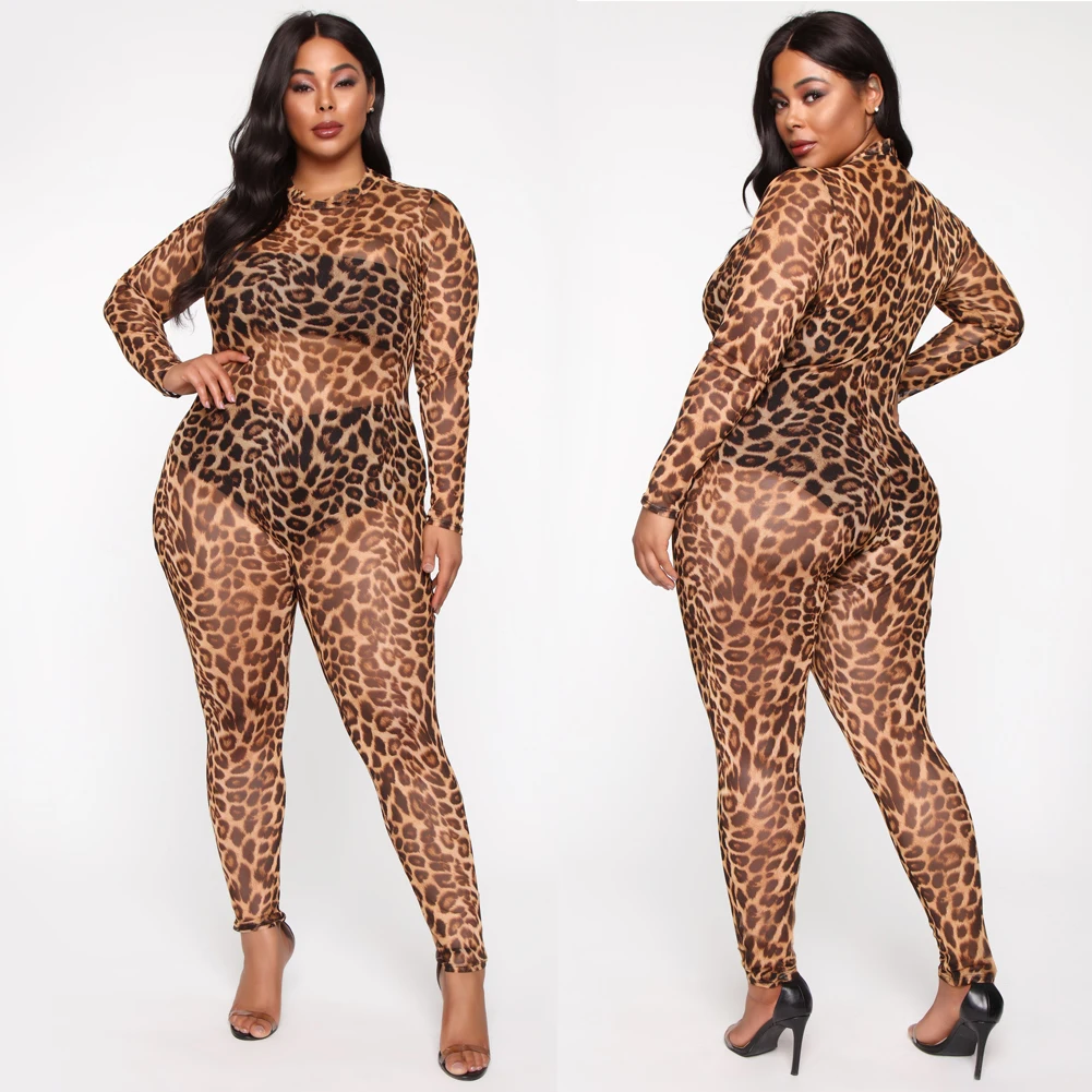

Goocheer Women Ladies Plus Size Sexy Casual Long Sleeve Mesh Sheer Transparent Clubwear Bodycon Leopard Party Jumpsuit Trousers