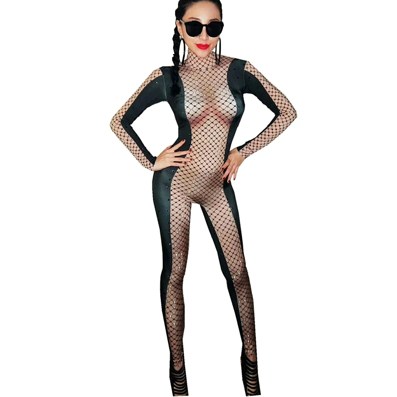 

Black Rhinestones Mesh Printed Sexy Nude Jumpsuit Female Singer DS Bodysuit Nightclub Women's Birthday Party Stage Show Clothing