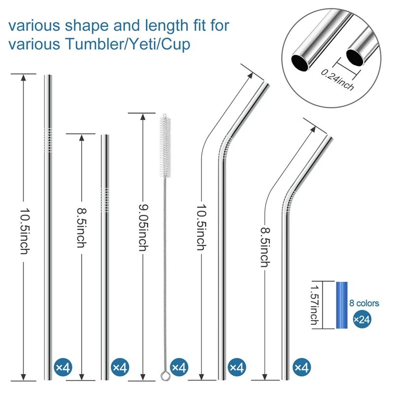 Stainless Steel Straws Reusable Drinking For 30Oz&amp20Oz Tumbler 10.5 Inch 8.5 Metal With 24 Soft Silicone Ti | Дом - Цена: 