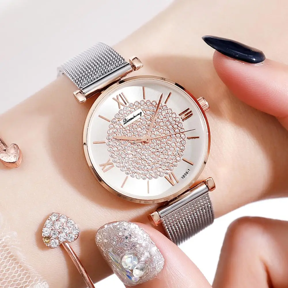 

Ladies Silver Crystal Watches Female Bracelet Luxury Rhinestone Dial Stainless Steel Strap Watch Women Magnetic Clock bayan saat
