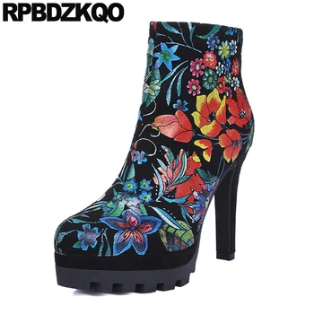 

flower printed handmade pointed toe shoes extreme booties women boots winter 2019 high heel elegant fetish stiletto floral print