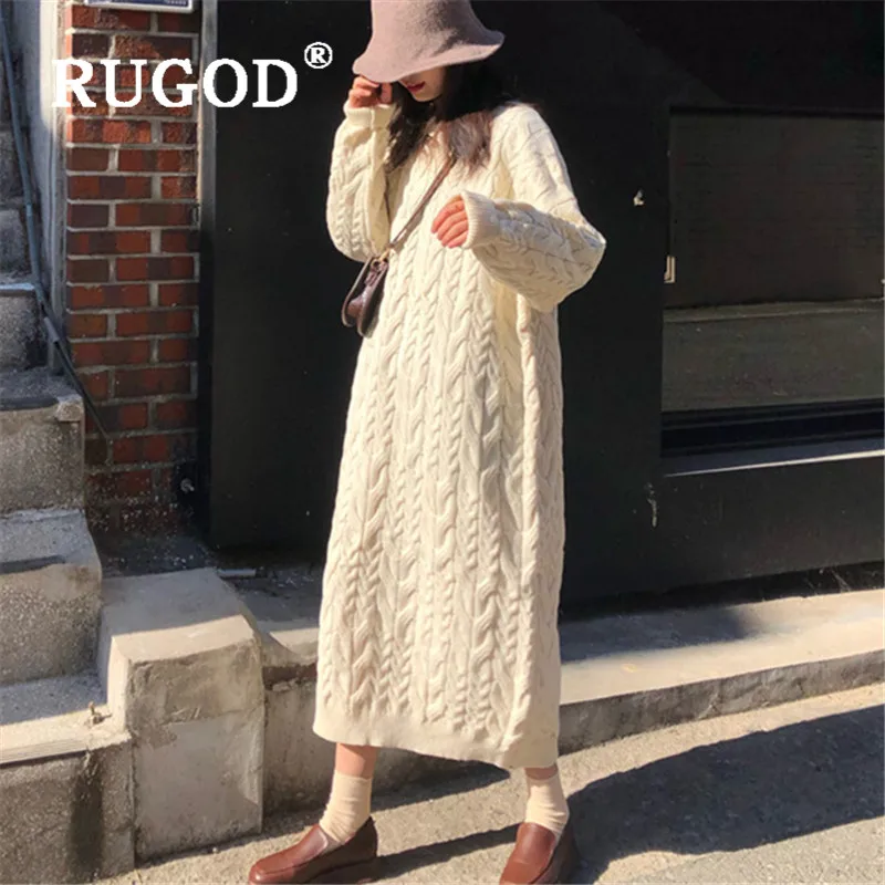 RUGOD, шикарное, простое, ретро, корейское, вязанное, макси платье, твист, узор, сплошной, полный рукав, Топ для женщин, трикотаж, повседневные, женские платья