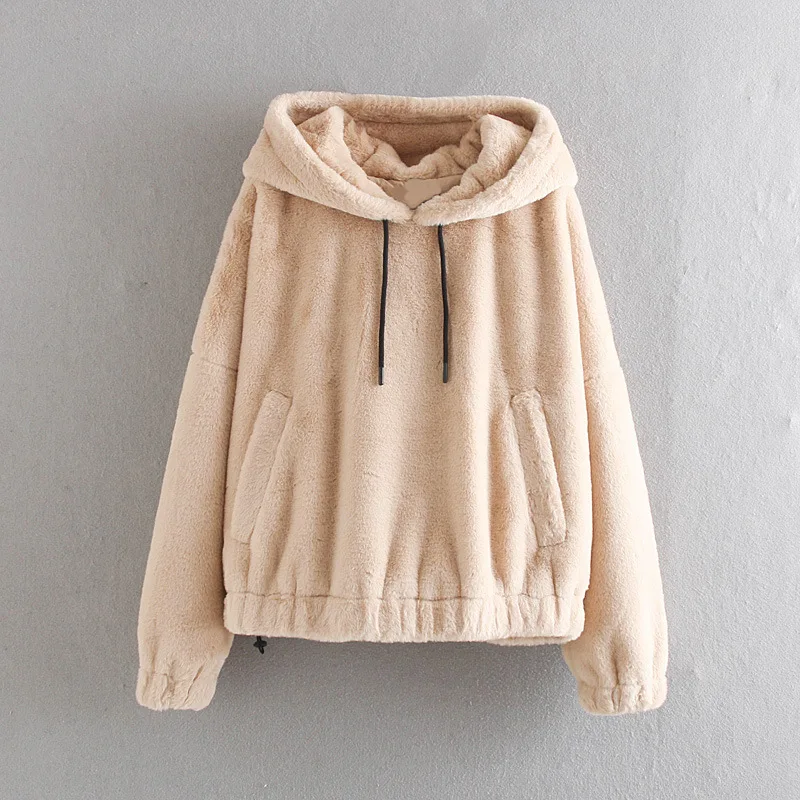 

Women 2020 Fashion Faux Fur Teddy Loose Hoodies Sweatshirts Vintage Long Sleeve Pockets Female Pullovers Chic Tops