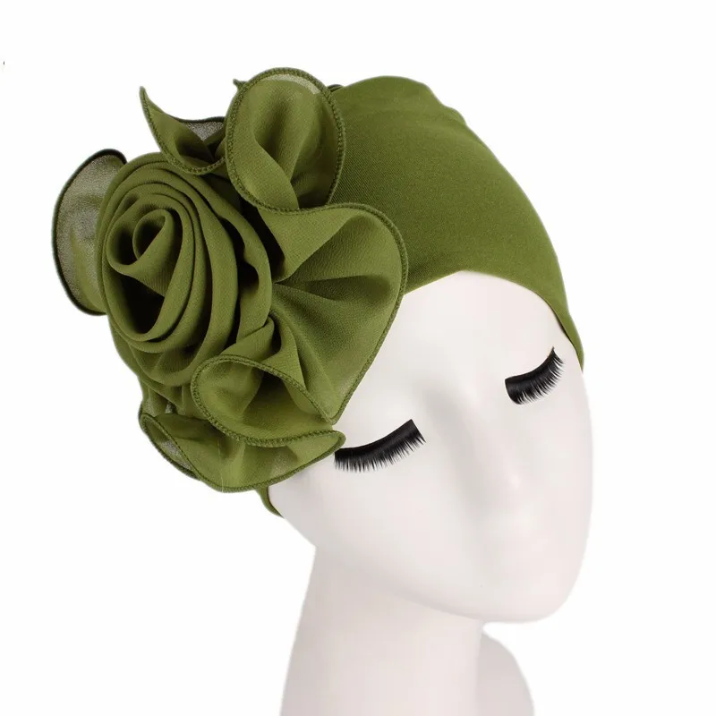 Muslim Women Cross Polyester Pearl Bead Turban Hat Cancer Chemo Beanies Cap Headwear Headwrap Plated for Hair Loss Accessories - Color: Flower OliveGreen