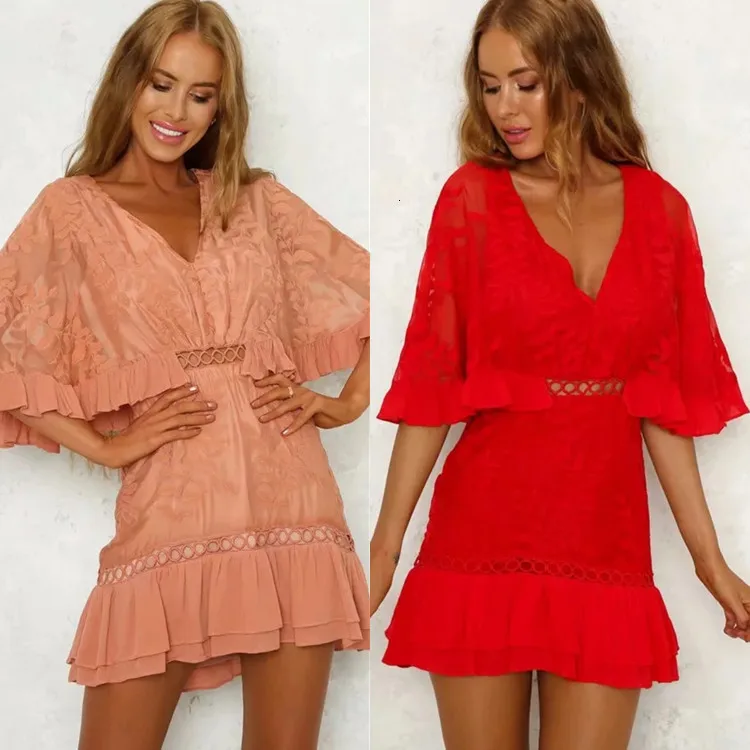 

BacklakeGirls 2020 Sexy V Neck Cyt Out Mini Cocktail Dresses Half Sleeves A Line Embroidery Vestidos Coctel Tallas Grandes Gowns