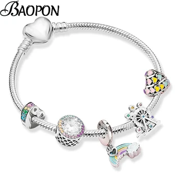 

BAOPON Spring Style Silver Color Charm Bracelet For Women With Rainbow Of Love Beads Bracelet Jewelry Dropshipping