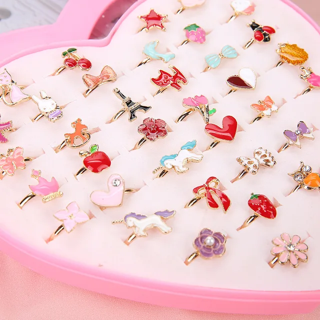 10/20/36 pcs Cute Adjustable Rings Children Girls Pretend Play Makeup Toys Cartoon Crystal Jewelry Alloy Animal Enamel Ring 6
