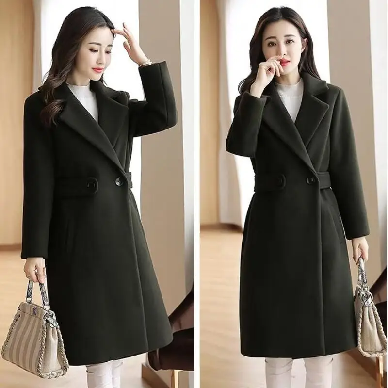 dark green Зимняя одежда шерстяное пальто пояс тонкое женское пальто корейское осеннее женское шерстяные пальто Модная двубортная куртка элегантная смесь - Цвет: dark green