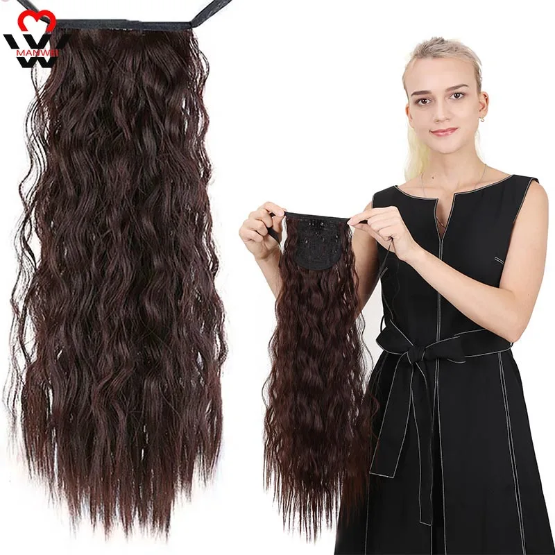 

MANWEI Long Corn Curly Black Ponytail for Women Synthetic Ribbon Drawstring Ponytail Clip in Hair Extension