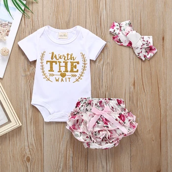 

2020 New Toddler Kids Baby Girl Infant Clothes Romper Tops Flower Print Pants Headband Bodysuit Outfits 3Pcs Set