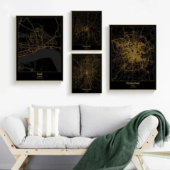 

Hull England Huntsville Indianapolis USA Hyderabad India map Canvas poster Painting Home Decoration Wall Art Decor
