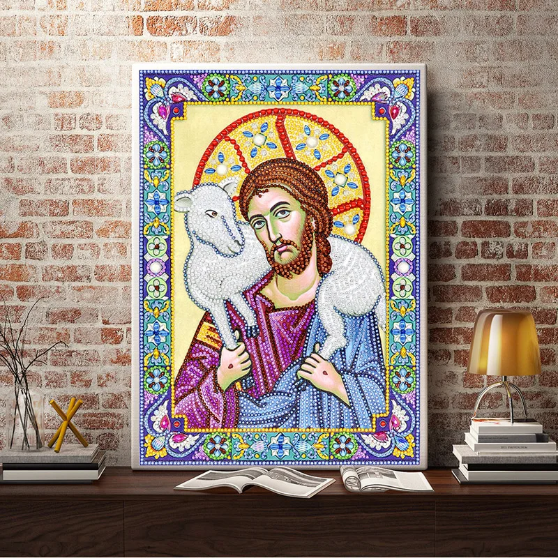 RUBOS 5D DIY Diamond Painting Icon of the Savior Good Shepherd Diamond Embroidery Mosaic Partial Large Bead Pearl Stone Sale Set (2)