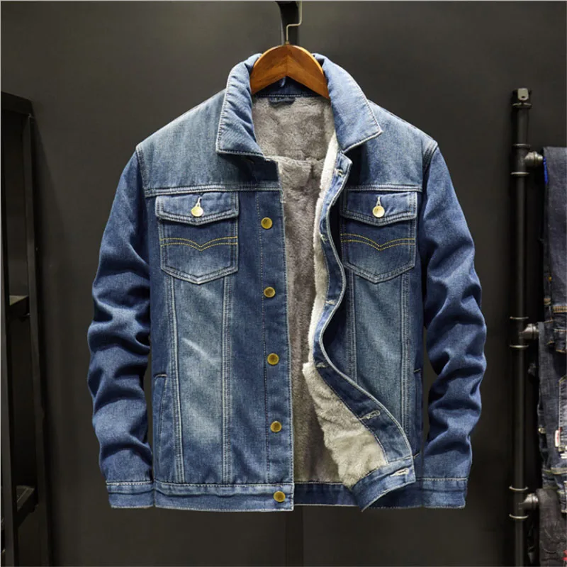 Мужская джинсовая зимняя куртка, одноцветная повседневная с отложным воротником, хлопок и полиэстер, однобортная