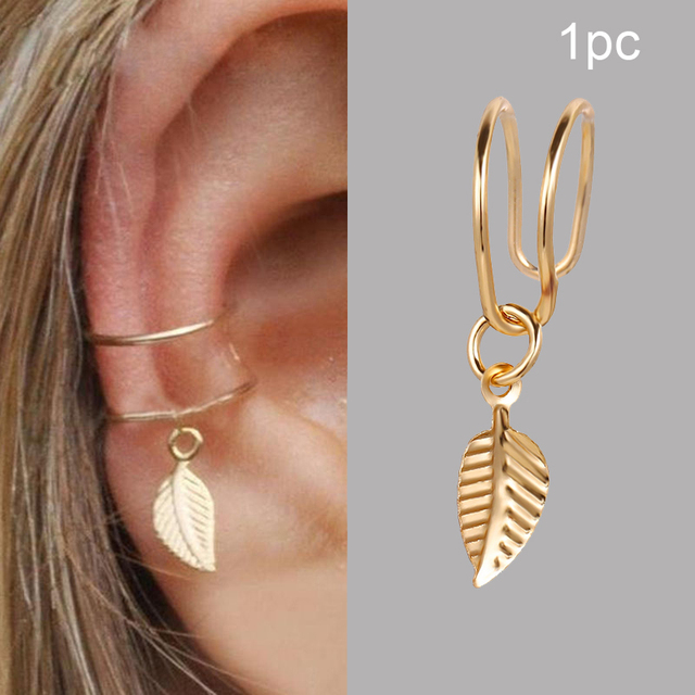 Gold Leaf Clip Earring For Women Without Piercing Puck Rock Vintage Crystal Ear Cuff Girls Jewerly Gifts 1P