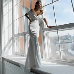 White Mermaid Wedding Dress Civil Floor Length Long Bridal Gown Formal Sweep Train Off Shoulder V Neck Plus Size Свадебное плать