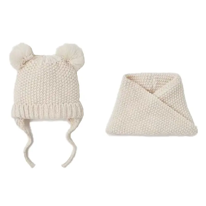 Вязаная Шерстяная Шапка Шарф, комплекты, детская шапочка для новорожденных, шапка для мальчиков и девочек, осенне-зимние шапки - Цвет: Бежевый