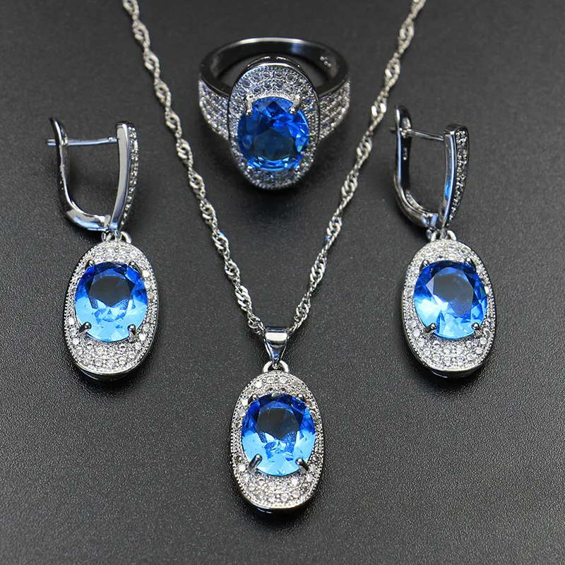 Bague Ringen Серебро 925 драгоценные камни Ювелирные наборы для женщин кольцо серьги ожерелье сапфир рубиновый Аметист женская свадебная