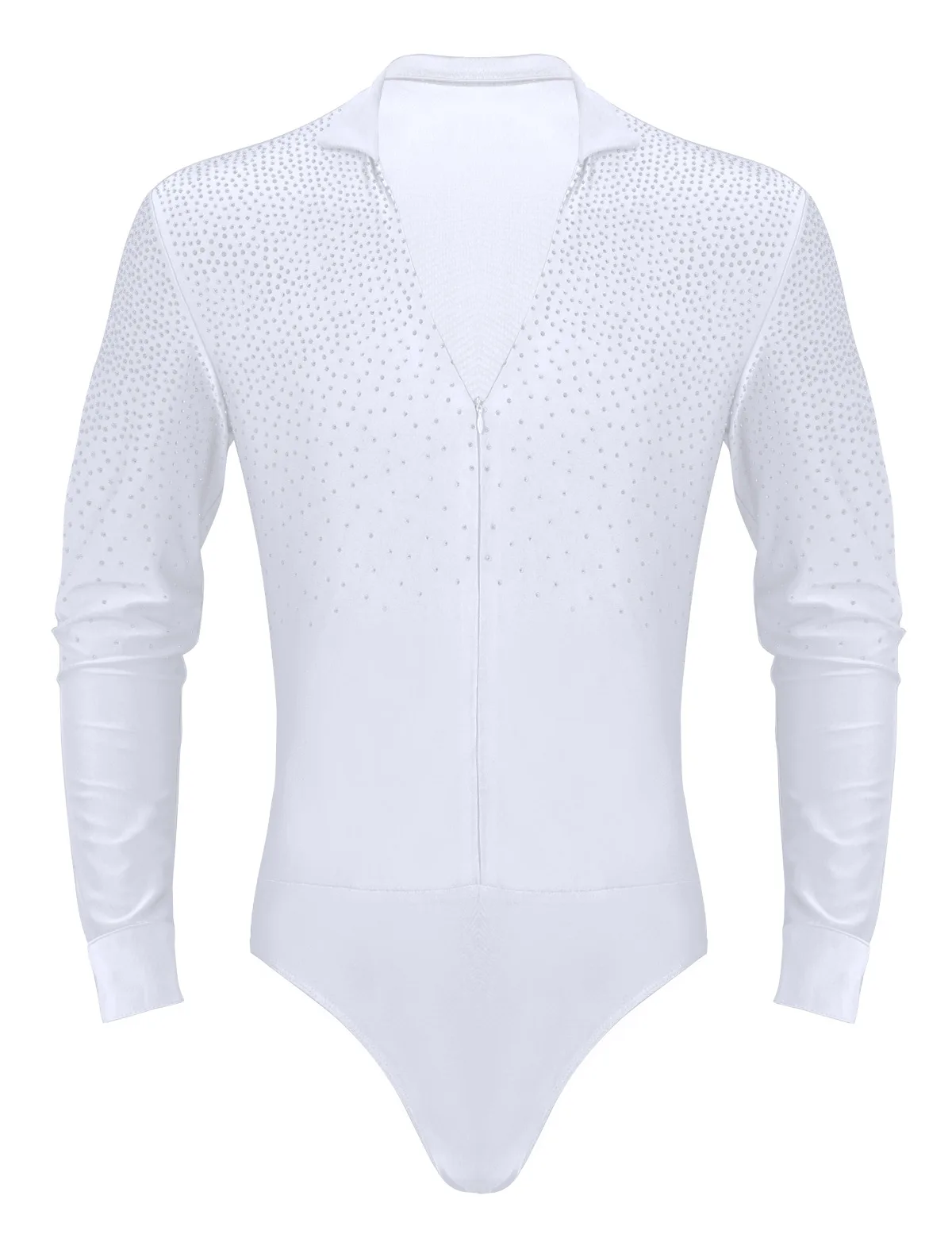 TiaoBug Shiny Rhinestones V-neck Stand Collar Long Sleeve Ballroom Tango Rumba Men Latin Dance Shirt Leotard Bodysuit Dancewear - Цвет: White