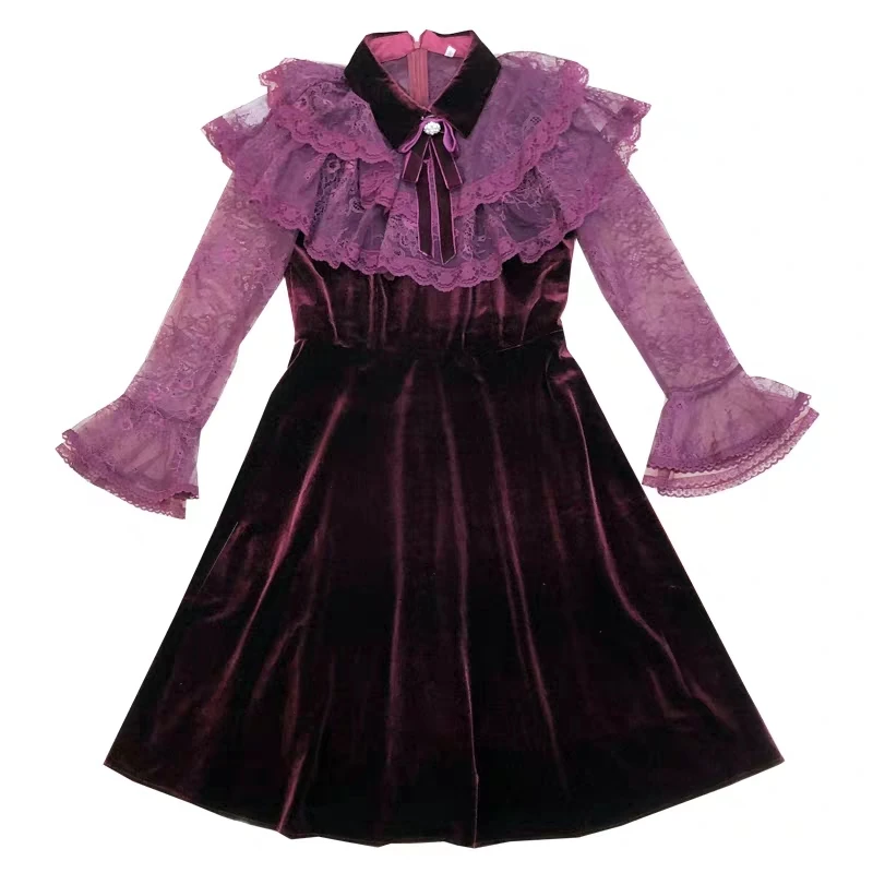 Autumn Winter Designer Lace Flare Sleeve Patchwork Velvet Dress Women Vintage Bowknot Ruffles Turn-Down Collar Mini Dress