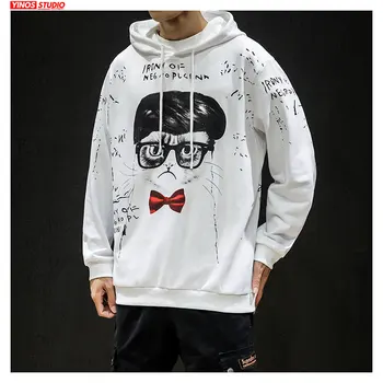 

Dropshipping Mens Hooded Cotton Sweatshirt Japanese Streetwear Cartoon Cat Pattern Hoodies Tops Casual Male Pullover