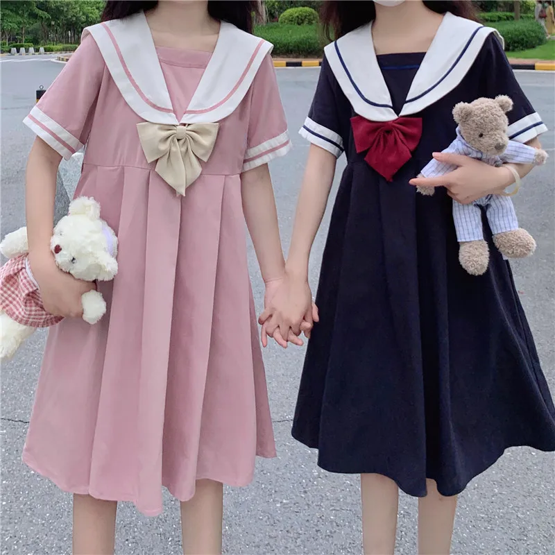 Kawaii Japanese Cute Sailor Collar Bowknot Dress Blue Lolita Preppy Dress