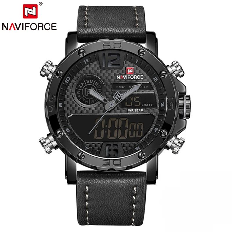 Black Gray Black NAVIFORCE Топ люксовый бренд Мужские часы Мужские кожаные спортивные часы мужские кварцевые часы водонепроницаемые военные наручные часы Relogio Masculino - Цвет: Black Gray Black