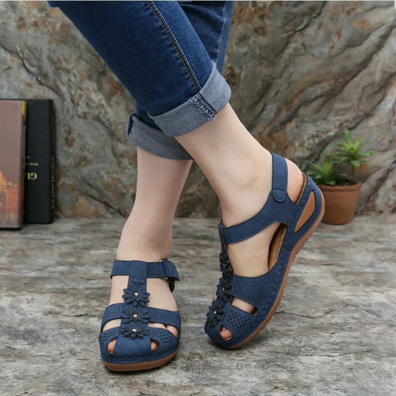 

SWONCO Anti Slip Wedges Summer Shoes Women Sandals Platform 2020 New Female Flower Fashion Casual Shoes Toe Cover Sanadals Women