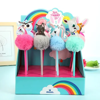 

10PCS/Lot New Creative Cartoon Animal Short Plush Hair Ball Pen Cute Writing Stationery Gift Craft Pen