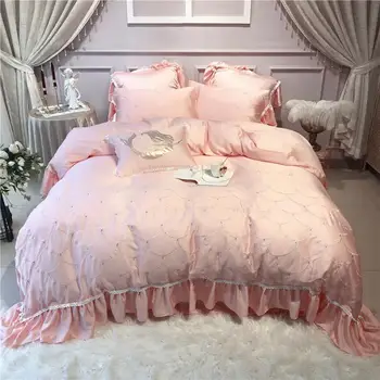 

42 Pink Tencel Bedding set 4/7Pcs Queen King size Bed set ruffles comforter Mermaid Embroidery Duvet cover Bedsheets linen set