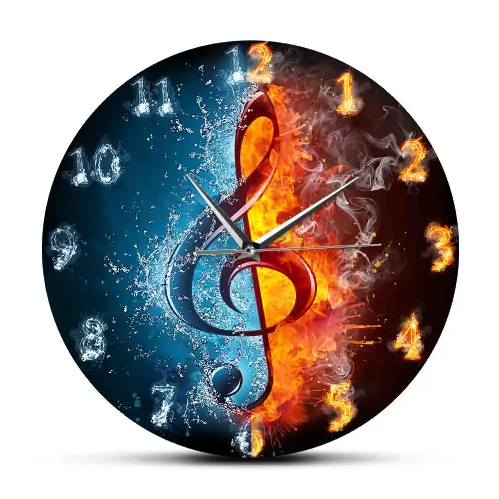 

Treble Clef Yin Yang Symbol Modern Design Wall Clock Silent Movement Wall Watch Music Note In Fire And Water Music Studio Décor