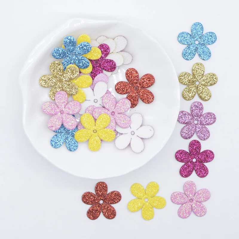 100Pcs/lot Mixed Glitter Leather Flower Shape Appliques for DIY Clothes Craft Sewing Supplies Headwear Hat Decor Accessories C21