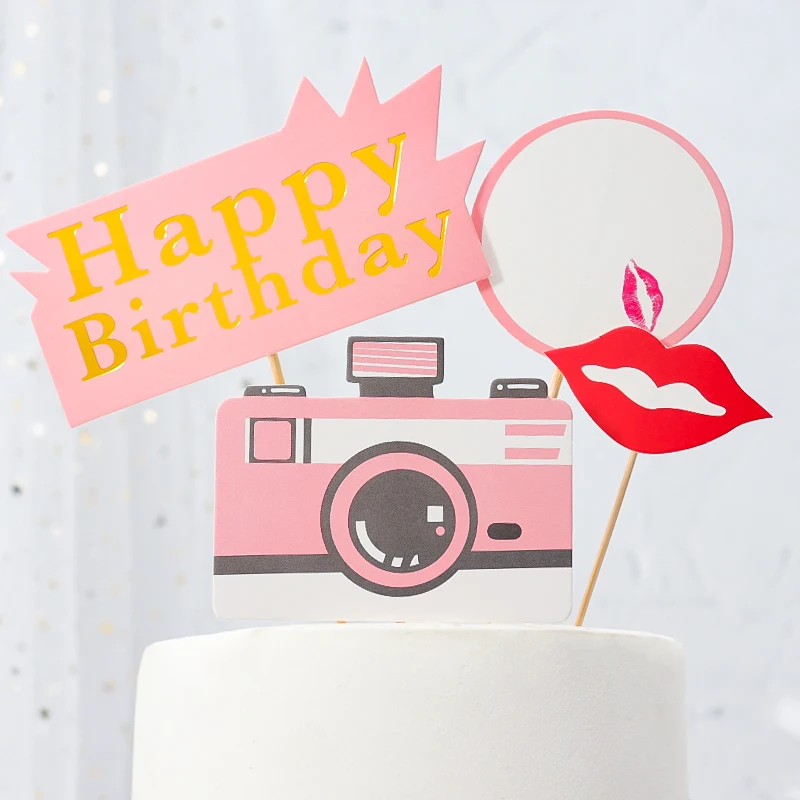 

Pink Blue Black Camera Happy Birthday Cake Topper Camera Cake Decoration Adult Kids Father's Day Party Supplies