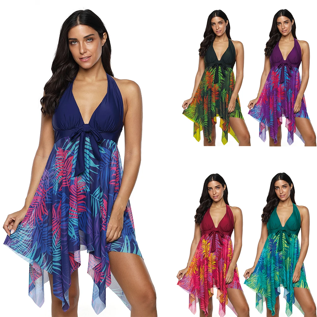 Tanie Damskie liście leśnych drzew drukowanie głębokie V Neck Halter Bikini Set Sexy Tankini Push Up stroje kąpielowe stroje kąpielowe Plus rozmiar XL 5XL