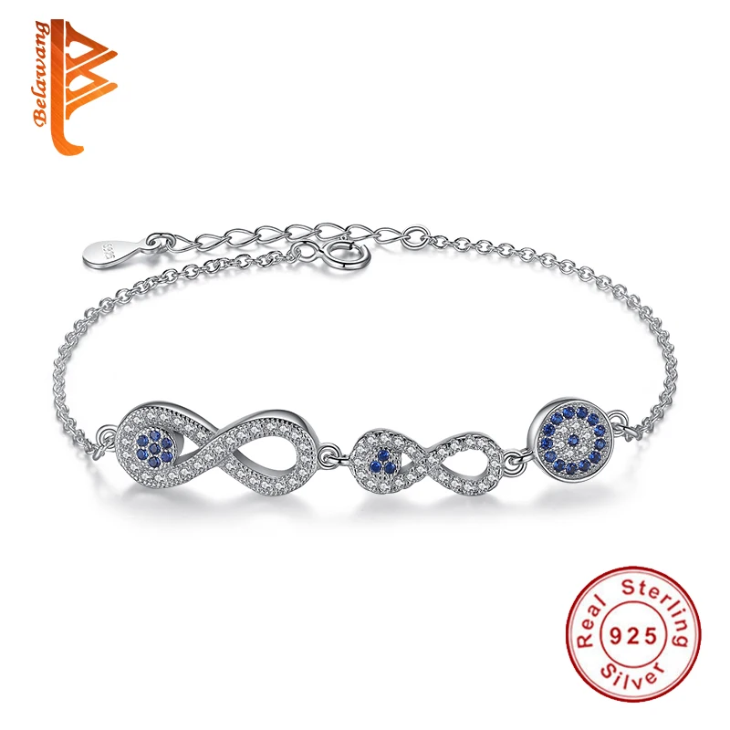 

BELAWANG Real 925 Sterling Silver Double Infinity Bracelet Blue Zircon Lucky Eye Charm Bracelets For Women Party Jewelry Gift