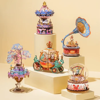 

DIY Movable Castle Pumpkin Cart Model 3D Assembly Puzzle Wooden Music Box Craft Ornaments For Home Decor Kids Gifts