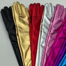 

Gold Silver Wet Look Fake Leather Metallic Gloves Evening Party Performance Mittens Women Sexy Elbow Length Long Latex Gloves