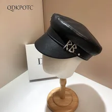 2021Cap Spring AutumWomen New Imitation Leather Military Hats Fashion Rhinestone Street Shot Berets Europe America Black QDKPOTC