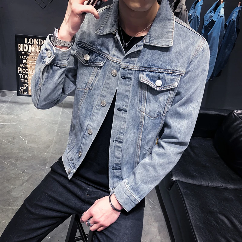 Greatest  2019 Denim Jacket Men Hole Retro Motorcyle Basic Coat Streetwear Hip Hop Bomber Jacket Cowboy Men's