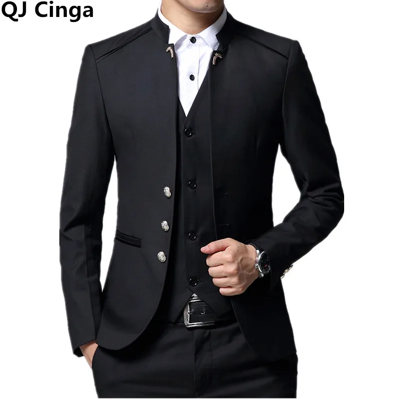 Black Stand Collar 3 Piece Men's Wedding Party Blazer jacket Vest Pants Blue, Red Wine Costume Homme