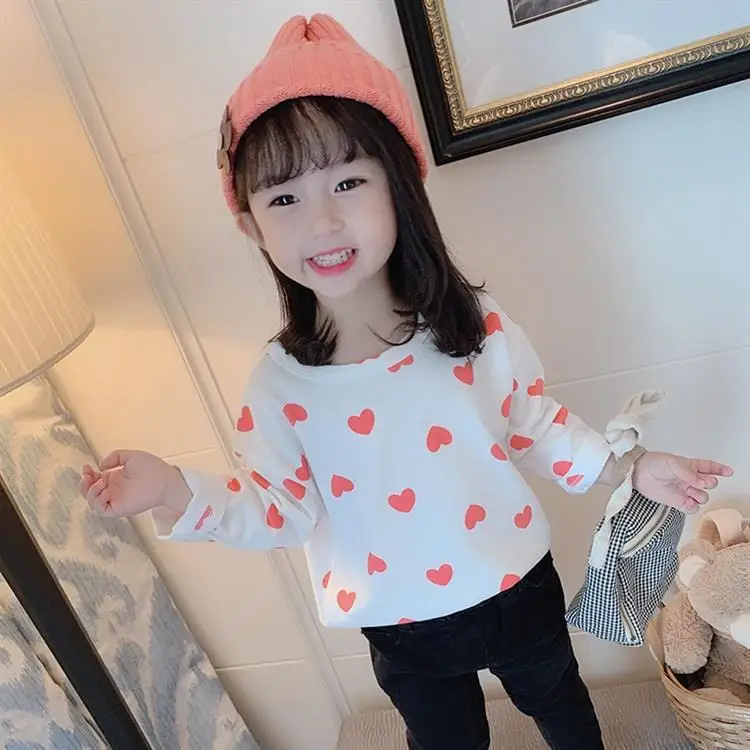 WLG girls casual t shirts kids autumn white pink heart printed t shirt baby girl casual all match tops 1-5 years