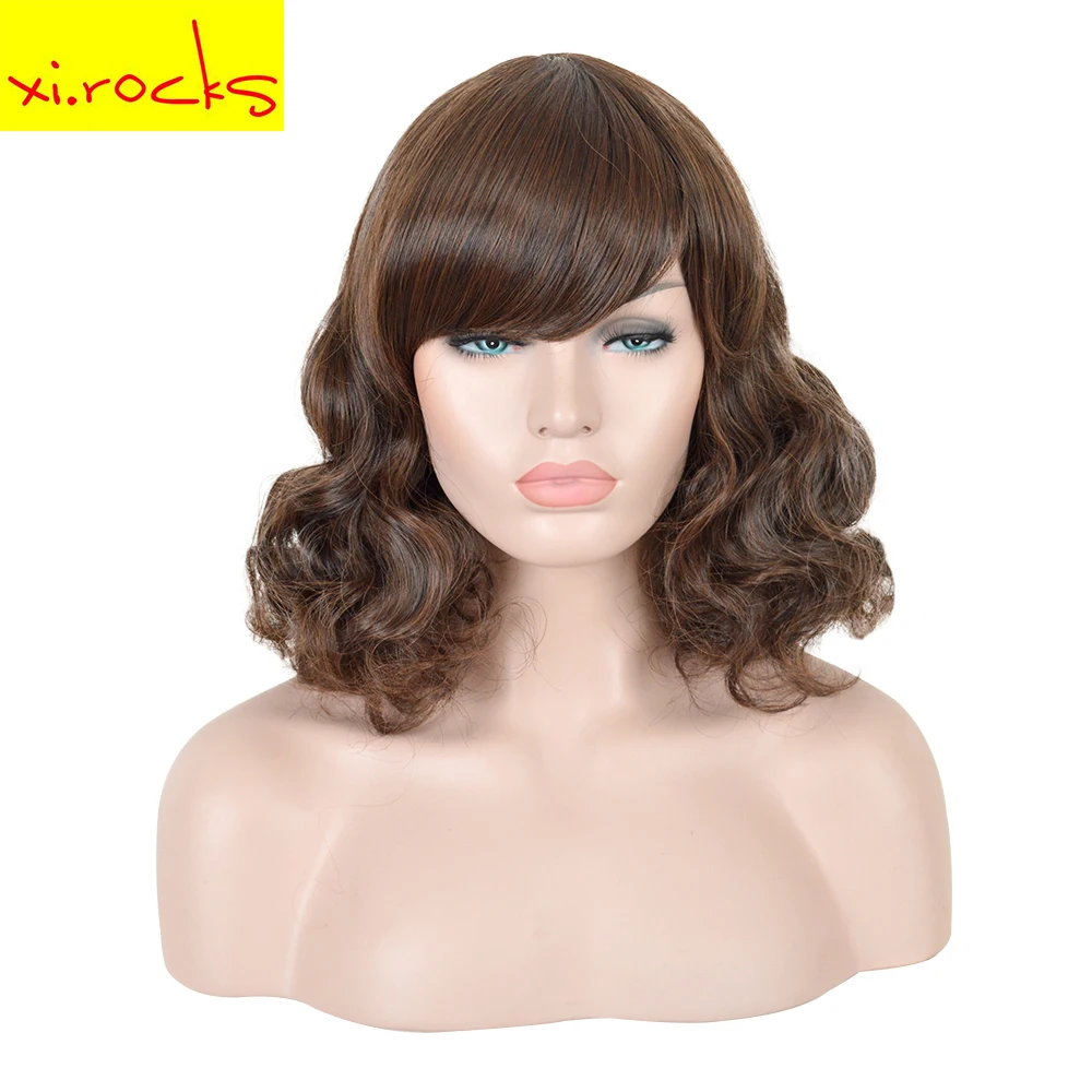 

3238B Xi.Rocks Synthetic Dark Brown Natural Style Short Kinky Curly Shag Hair High Temperature Fiber for Black Womens Wig