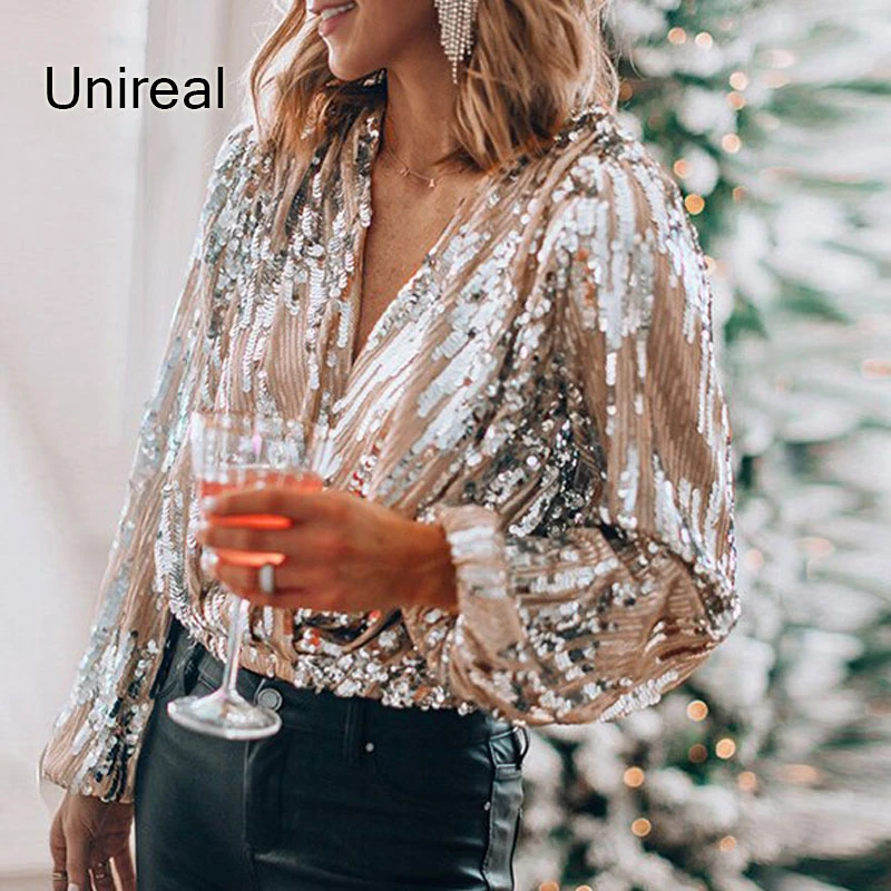 Unireal Blusa Sexy para mujer, camisa de manga larga con lentejuelas para fiesta, Tops para 2022|Blusa| -
