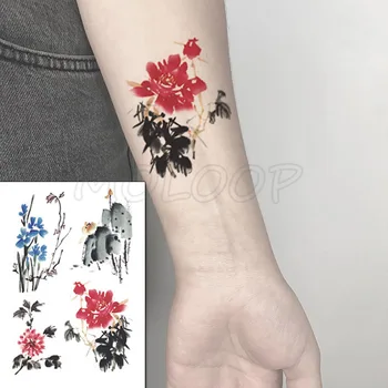 

Ink and Wash Painting Water Transfer Tattoo Stickers Women Body Chest Art Temporary Girl Waist Bracelet Flash Tatoos Flower
