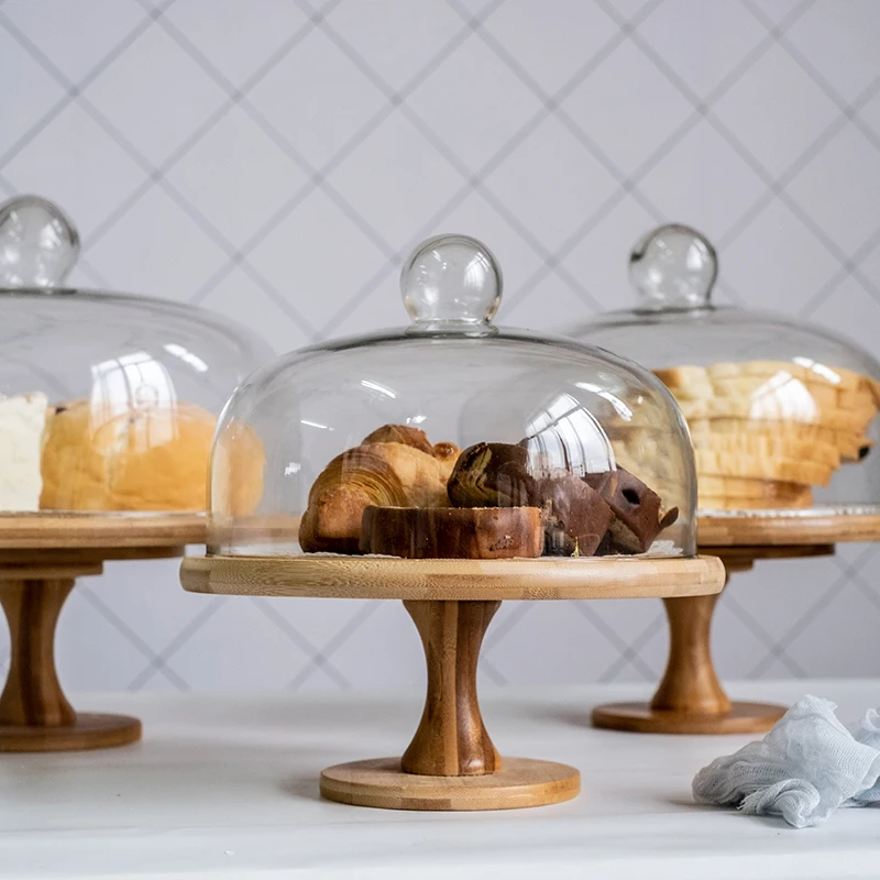bandeja de bolo de madeira redonda alta cobertura de vidro bandeja de exibição de pão bandeja de degustação de frutas com tampa bandeja rotativa decoração para casa ornamentos