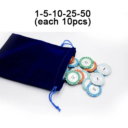 50pcs velvet bag 100200300400500 казино Техасский глиняный покерный чип наборы Pokers Алюминиевый Чемодан с игральными картами и кубиками и дилером - Цвет: 50pcs velvet bag